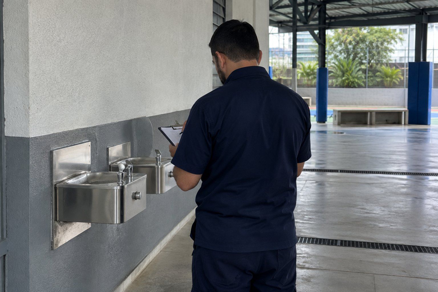 Bebedouros de pressão em um pátio, com técnico fazendo anotações em uma prancheta