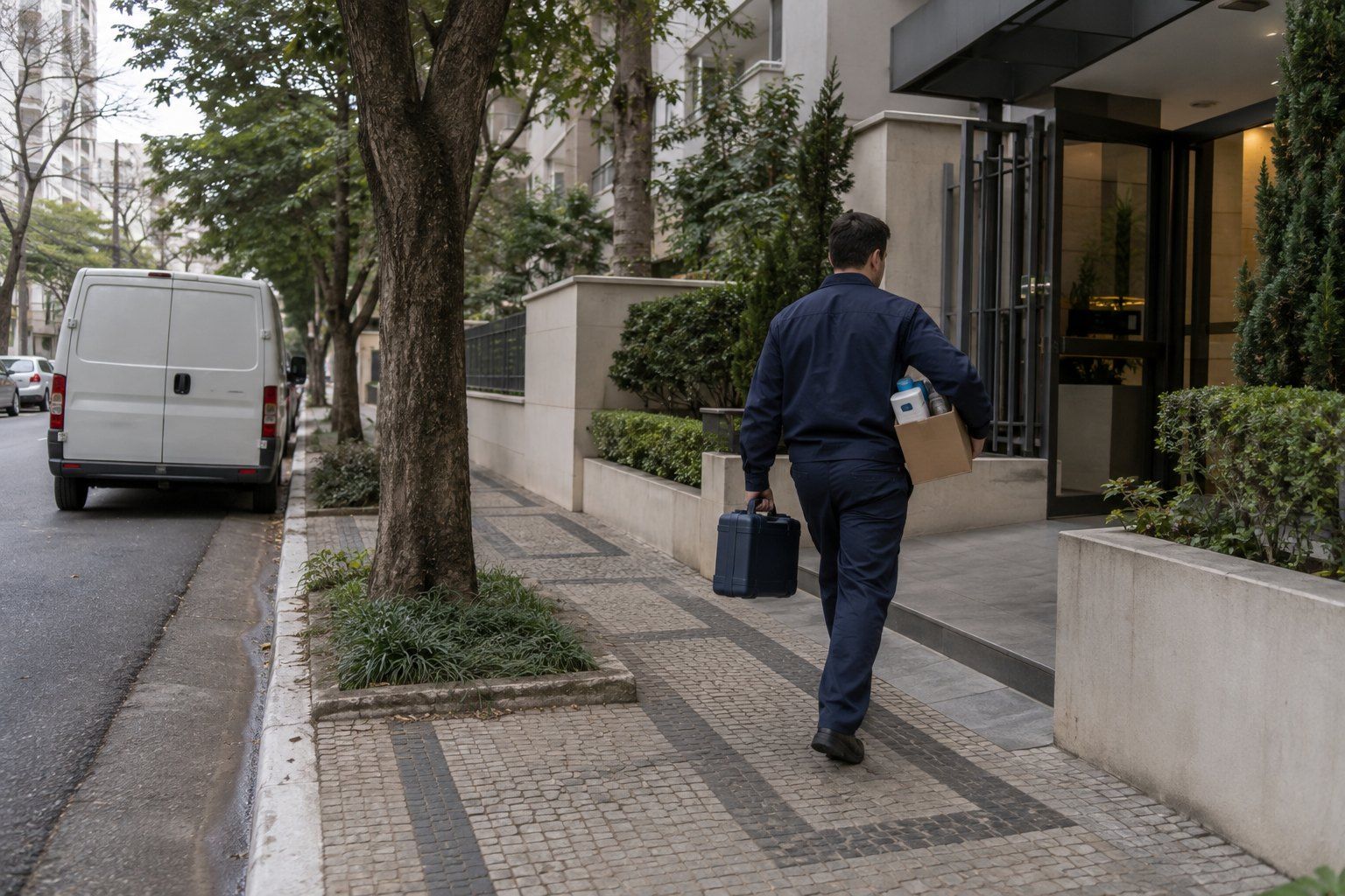 Técnico da Boreal chegando a um prédio residencial no Tatuapé com a maleta de ferramentas