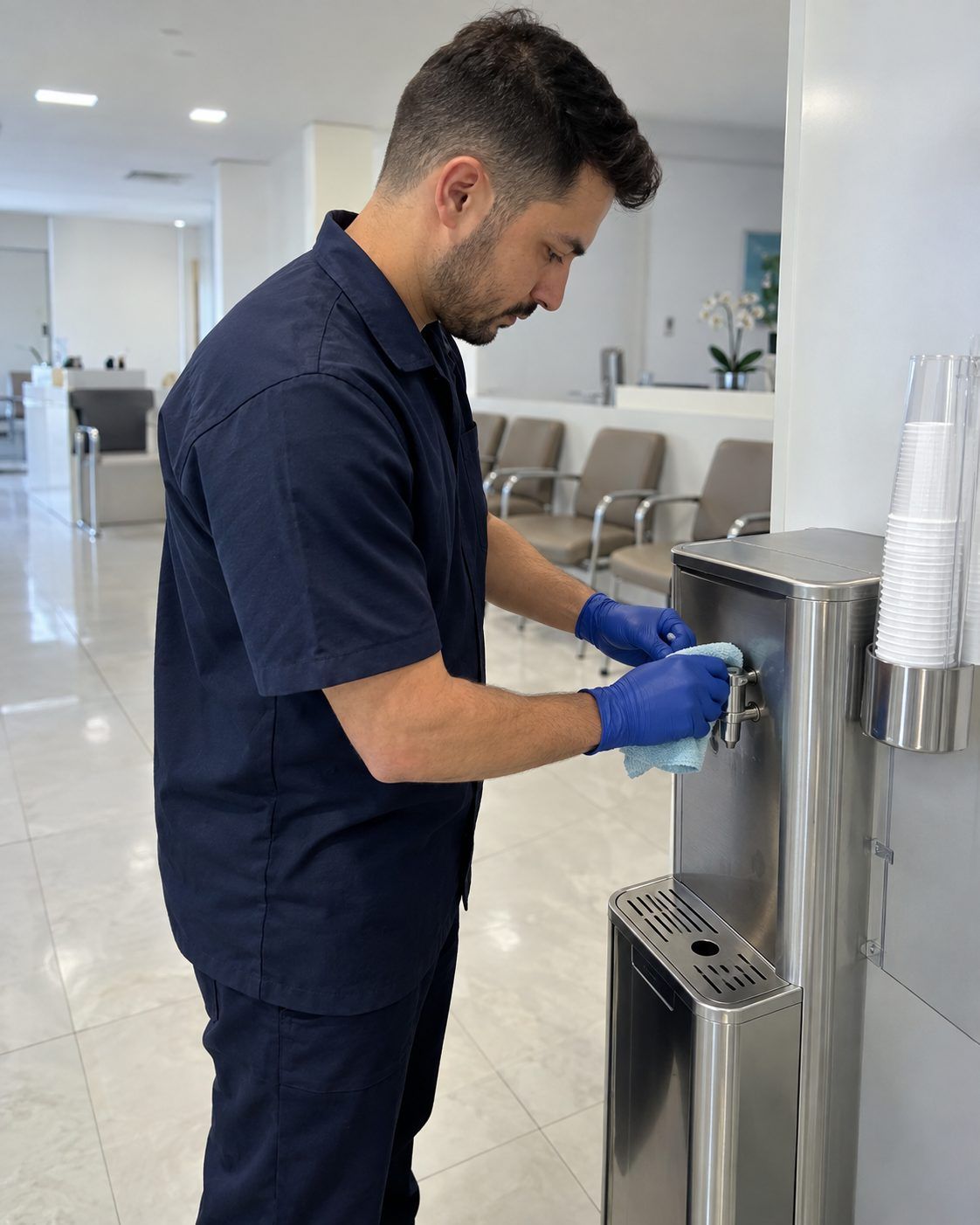 Técnico de luvas higienizando um bebedouro de pressão na recepção de uma clínica