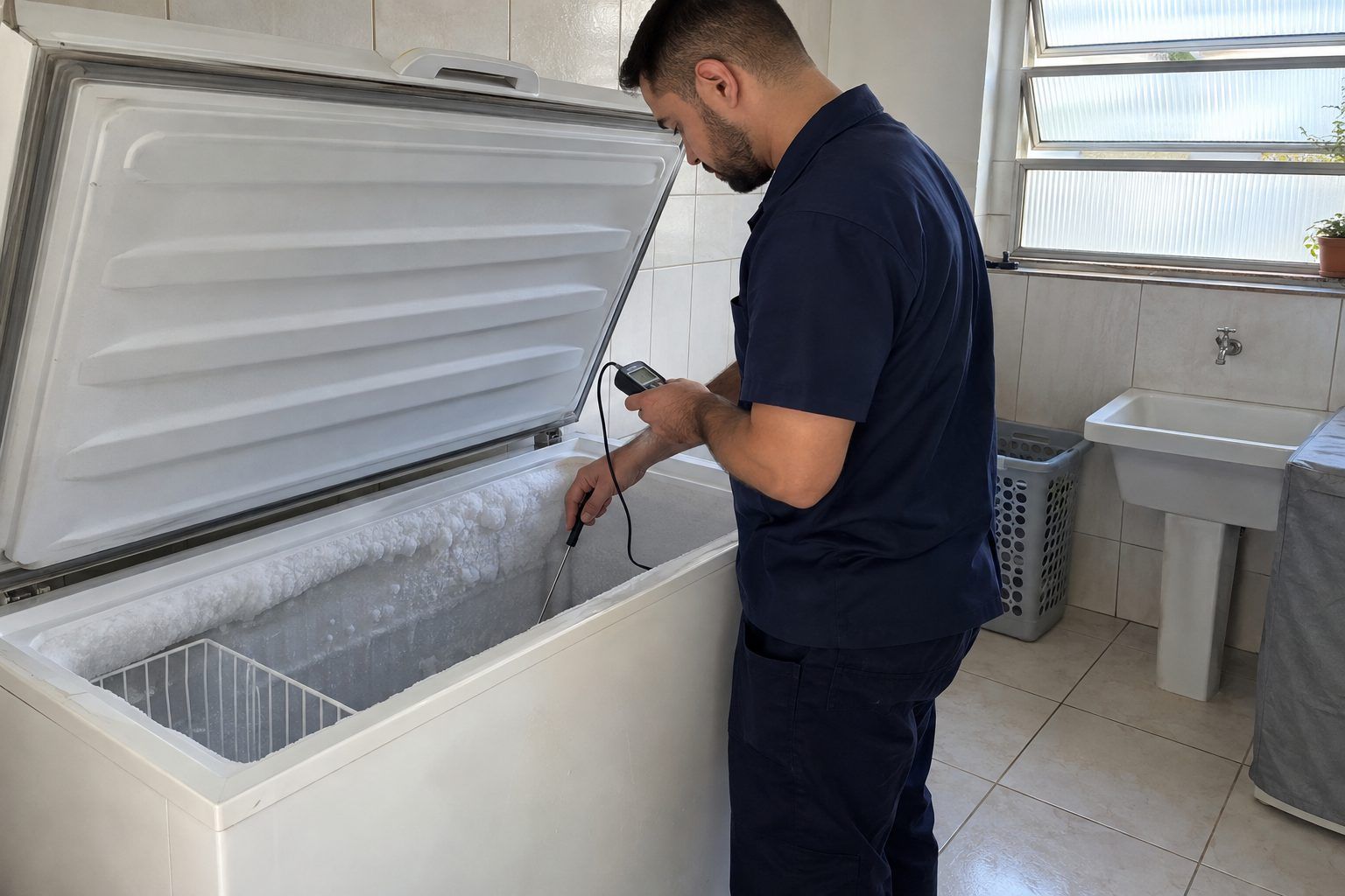 Freezer horizontal aberto com gelo acumulado nas paredes enquanto o técnico mede a temperatura interna em uma área de serviço