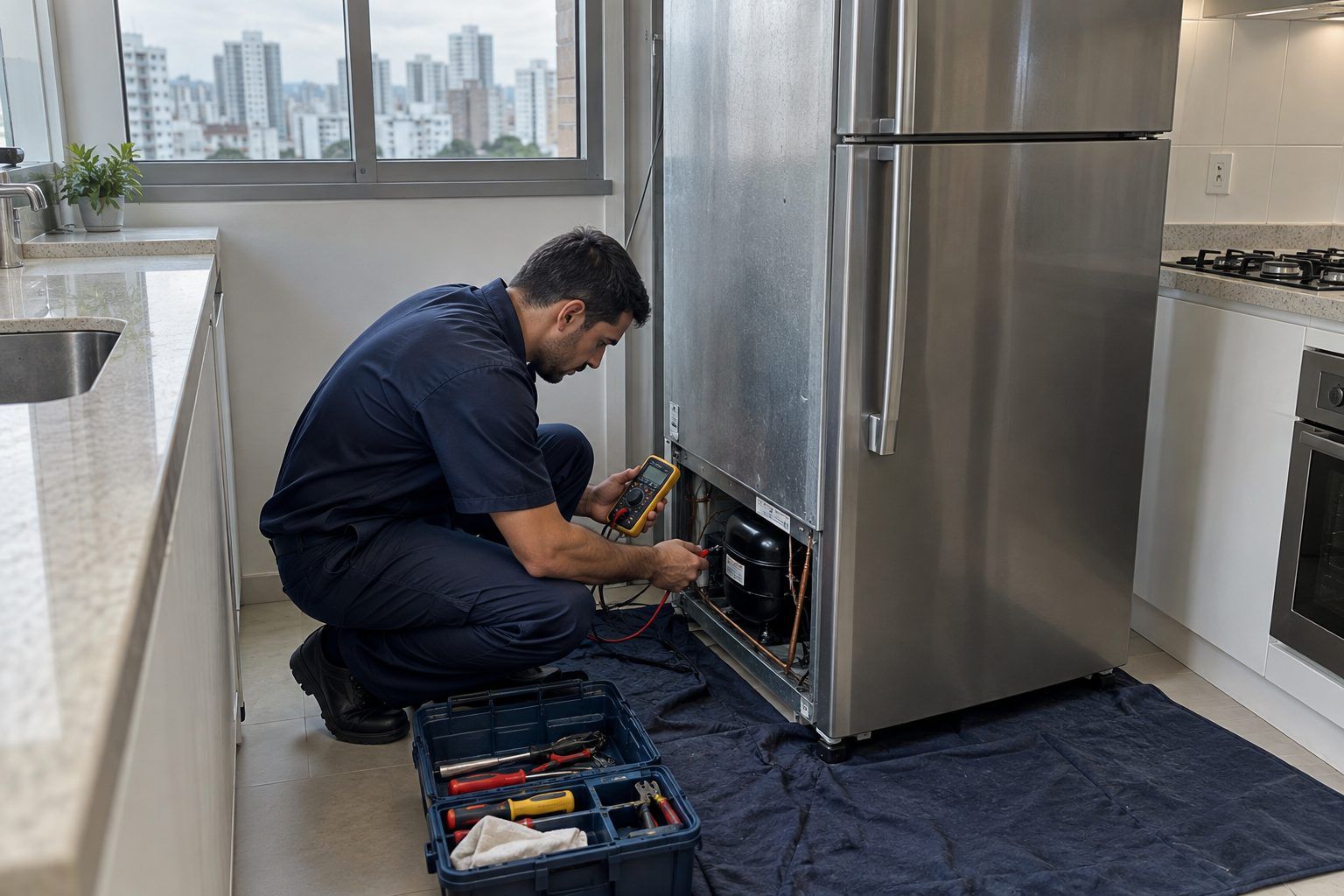Técnico agachado diante de uma geladeira inox de duas portas, medindo a parte elétrica inferior com um multímetro na cozinha de um apartamento