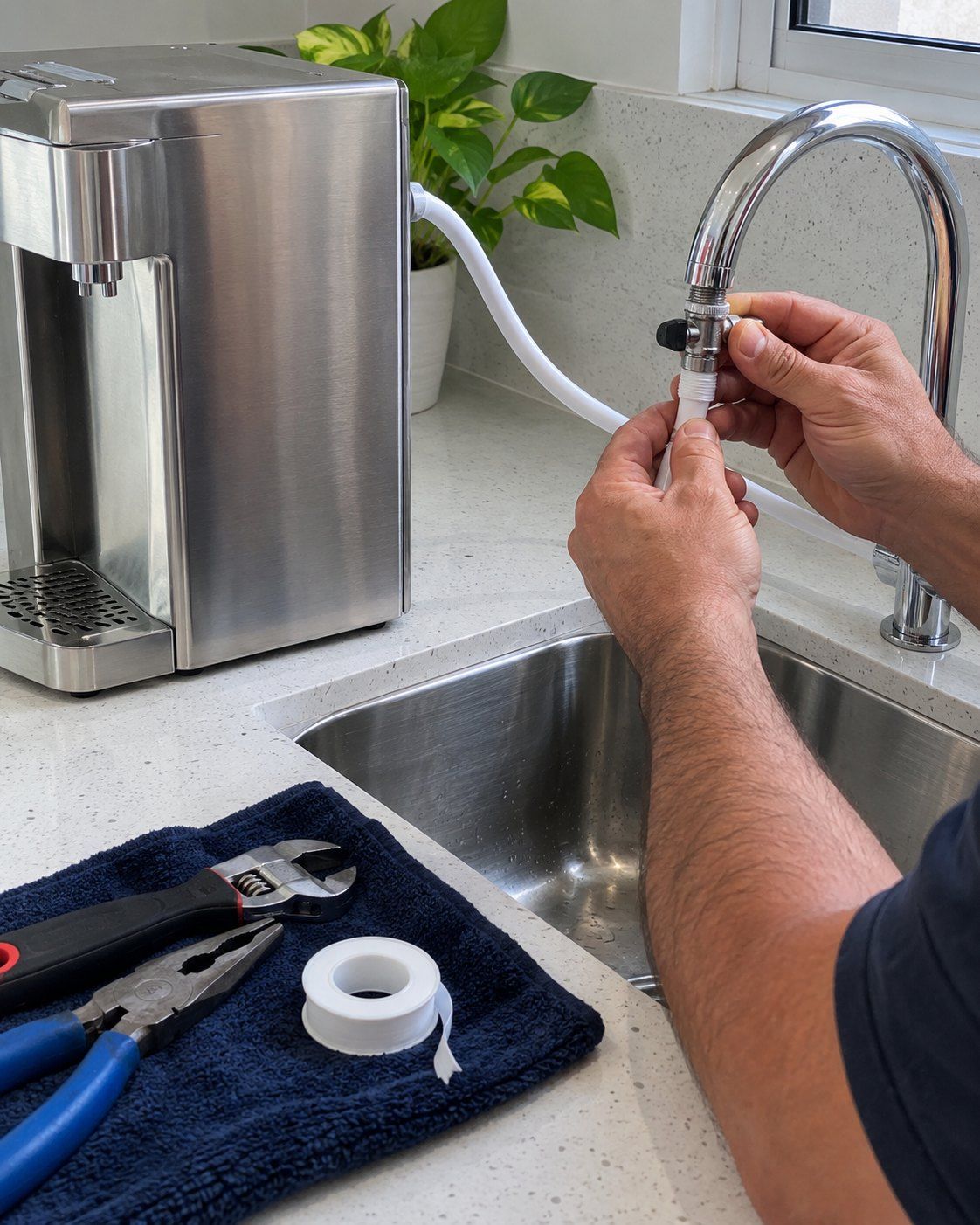 Técnico instalando purificador de água e passando fita veda-rosca na conexão de entrada