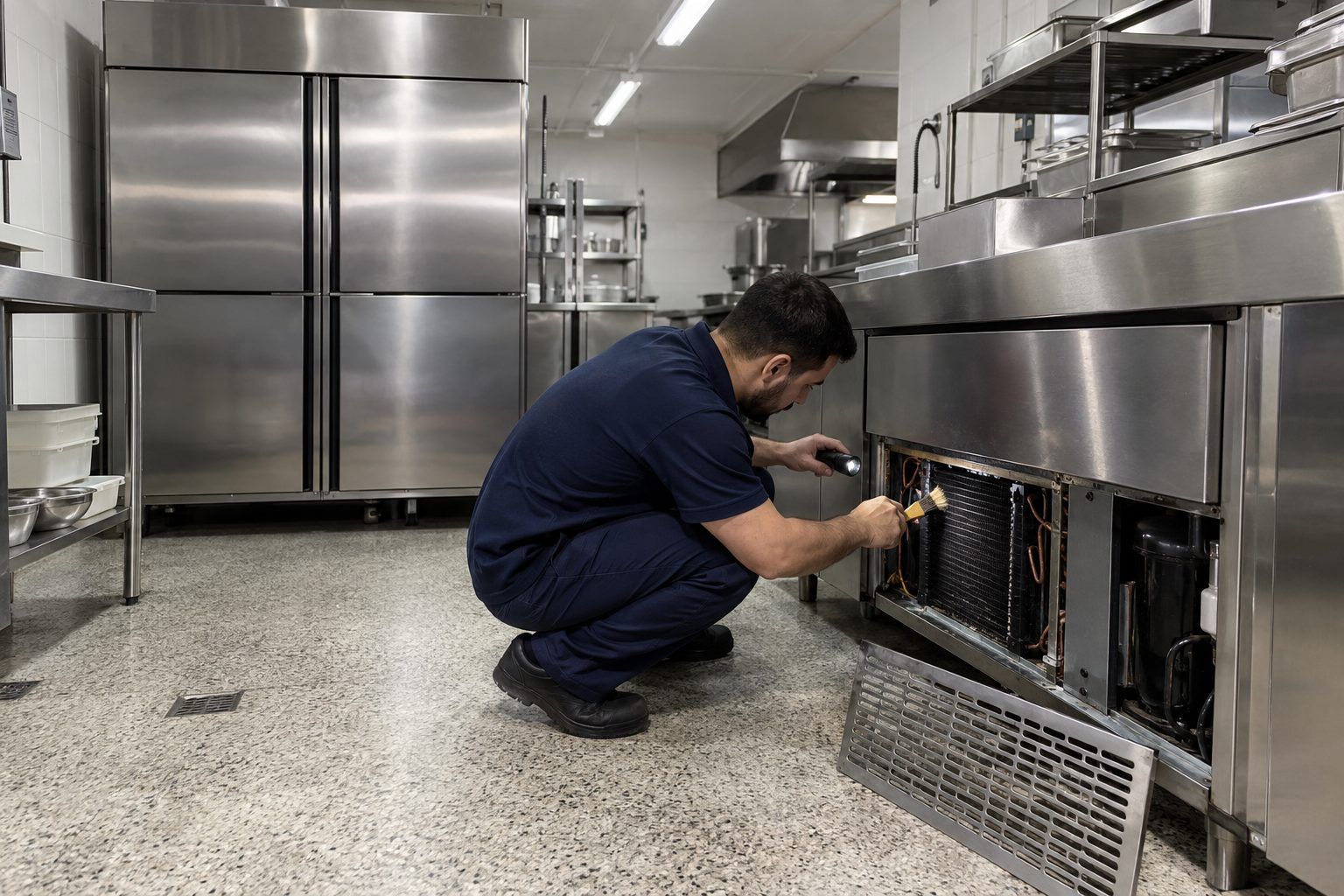 Cozinha de restaurante com geladeira inox de 4 portas e balcão refrigerado, e o técnico limpando o condensador