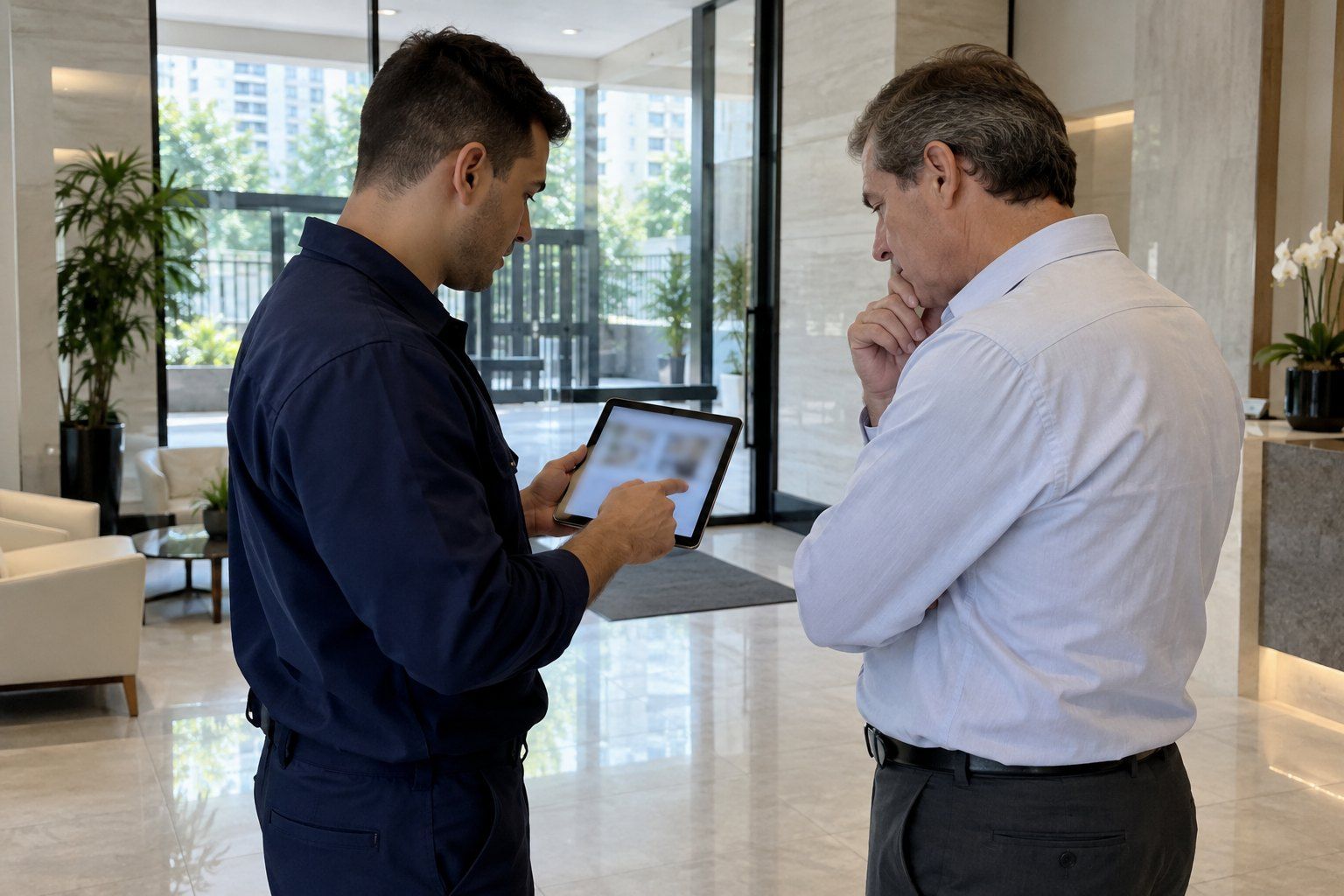 Técnico mostrando o relatório da visita em um tablet ao síndico no hall do condomínio